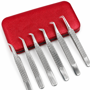 Juego de Pinzas para Extensión de Pestañas al por Mayor, 6 Piezas, Herramientas de Precisión de Acero Inoxidable con Estuche de PU Rojo - Product Image 1