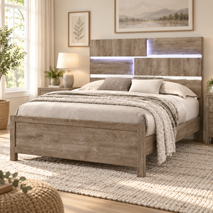 Cama Moderna con Plataforma Color Crema, con Marco de Cama con LED Integrado y Base de Madera Sintética para Dormitorio Contemporáneo - Product Image 1