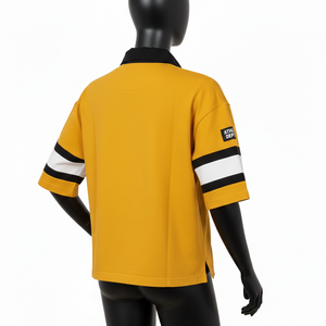 Maillot de rugby pour femme en coton lourd et polyester, double tricot, jaune et noir, avec empiècements rayés et logo personnalisé - Product Image 5