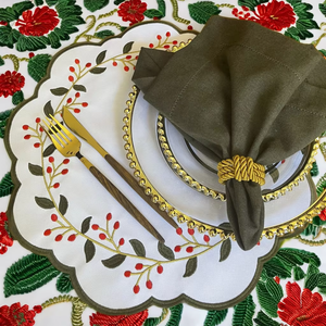 Embroidered Holy Christmas Design Round <b>Placemat</b>& Napkin Set Green Scallop Border White Cotton Mats for Home Restaurants Events - Product Image 4