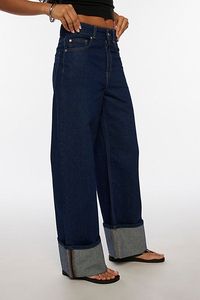 Pantalon en jean taille haute à jambe large pour femme, coupe ample, longueur genou, en coton délavé, style décontracté vintage, ourlet retroussé - Product Image 3