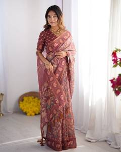 Sari indio tradicional de seda con estampado de elefantes, color granate, para bodas, para mujer, largo hasta el suelo, corte regular. - Product Image 1