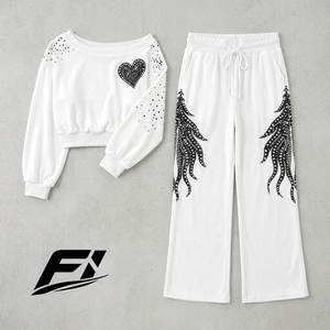Ensemble deux pièces pour femme, blanc, avec strass en forme de cœur, pantalon large, sweat-shirt à épaules dénudées, tenue décontractée streetwear, ensemble assorti pour se détendre - Product Image 5