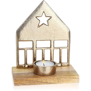 Porte-bougie de Noël en forme de maison, en aluminium et bois de manguier, décoration de Noël en forme de maison pour bougies chauffe-plat - Product Image 1