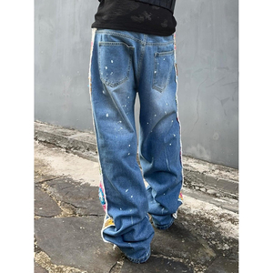 Jeans vintage noirs délavés pour hommes, coupe ample, jambe droite, surdimensionnés, avec broderie, motif hip-hop, denim pour l'hiver - Product Image 6