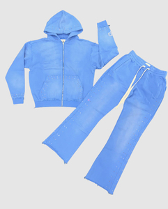 Private Label Heavyweight Luxury Cotton Custom Acid Wash Rhinestone <b>Zip</b>-Up Hoodie & Flared Sweatpants Streetwear Tracksuit - Product Image 5
