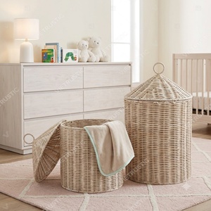 Cesta de Almacenamiento de Mimbre Cilíndrica con Tapa Cónica Estilo Boho, Cesto de Ropa de Mimbre, Organizador de Almacenamiento con Tejido de Diamantes para el Hogar - Product Image 6
