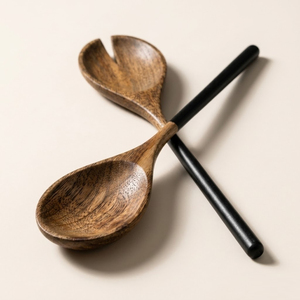 Handcrafted Mango Wood <b>Salad</b> Server Set of 2 with Modern Matte Black Handle Eco-Friendly Wooden Serving Spoons for Home & Hotel - Product Image 2