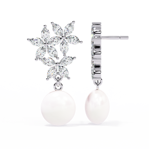 Boucles d'oreilles romantiques en forme de fleur avec moissanite marquise et perle d'eau douce en argent 925 pour femmes, bijoux de mariage - Product Image 1
