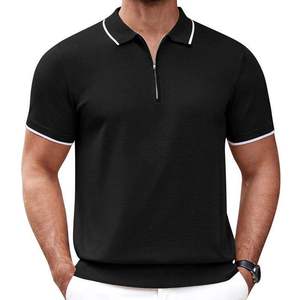 Breathable Men Crochet Knit <b>Polo</b> Shirt <b>Zip</b> <b>Up</b> Lapel Contrast Stitching Summer Knitted Shirt - Product Image 4
