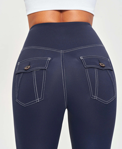 Leggings de yoga taille basse pour femmes, couleur unie, avec poches, surpiqûres contrastées, longueur intégrale, extensibles dans quatre directions, taille élastique, en Spandex/Nylon, séchage rapide - Product Image 4