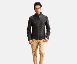 Blouson moto en cuir noir pour homme, col montant, fermeture éclair, coupe ajustée, pour l'automne, manches classiques, couleur unie - Product Image 2