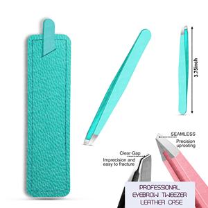 Pince à sourcils bleue en acier inoxydable marque privée personnalisée façonnage pince à sourcils inclinée avec pochette en cuir - Product Image 2