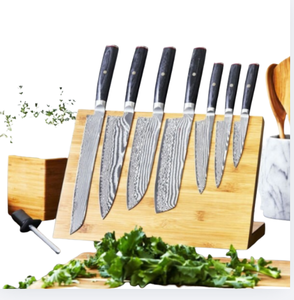 Ensemble de couteaux de cuisine à motifs argentés avec manches noirs, planche de présentation en bois marron clair, ciseaux et aiguiseur pour la préparation des aliments - Product Image 6