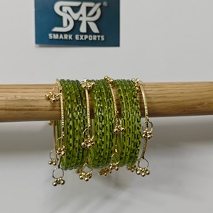 Premium Olive Green <b>Glass</b> <b>Bangles</b> Set with Gold Ghungroo Charms Handmade Traditional Indian Jewelry for Women - Product Image 6