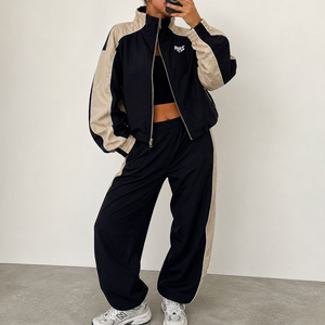 Custom Women Cropped Track <b>Jacket</b> Set Lightweight Contrast Panel Windbreaker Tracksuit OEM Zipper Front Stand Collar Hoodies USA - Product Image 2