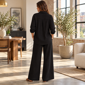 Black <b>Linen</b> Blend Co Ord <b>Set</b> Long Sleeve Button Down Shirt Wide Leg Pants Elastic Waist Casual Two Piece Outfit|Relaxed Everyday - Product Image 3