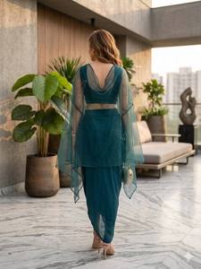 Luxury Women Indo Western Dhoti Saree Set in Georgette Fabric with Fancy Sequin Crop Top and Sheer <b>Cape</b> - Product Image 4