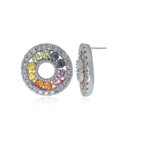 14K White Gold Rainbow Diamond Circle Stud Earrings Multi Color Round Lab Grown Diamonds Halo Design Fine Jewelry for Women - Product Image 3