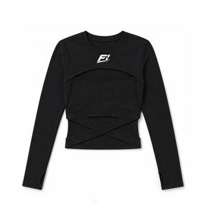 Chemisier décontracté pour femme à manches longues, coupe courte, avec découpes, taille drapée, extensible, ajusté, en tissu doux, personnalisable avec logo - Product Image 3