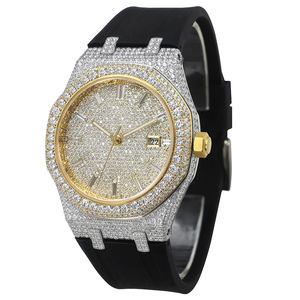 Montre mécanique Iced avec cadran doré, bracelet noir, affichage de la date, lunette sertie de diamants, montre-bracelet de luxe - Product Image 3