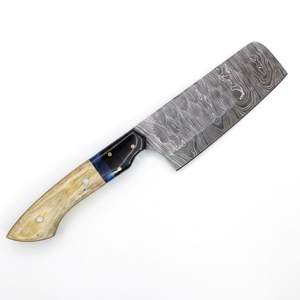 Couteau de boucher Nakiri en acier Damas avec manche en os et résine, couteau de cuisine avec étui en cuir, fabriqué à la main par un fabricant - Product Image 1