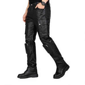 Pantalon de motard décontracté multi-poches coupe slim de haute qualité en cuir véritable, style punk hip-hop pour hommes - Product Image 5