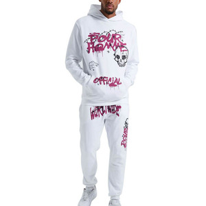 Survêtement à capuche streetwear blanc pour homme avec imprimé tête de mort et motif textuel effet gouttelettes, manches longues, coupe droite, tenue décontractée d'automne - Product Image 1