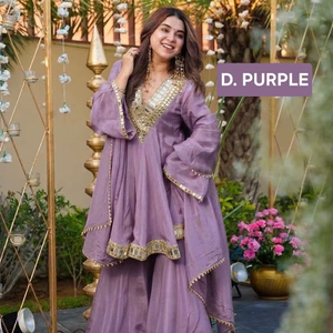 Ensemble Kurta en Chinon pour mariage avec Plazzo et Dupatta fantaisie - Product Image 1