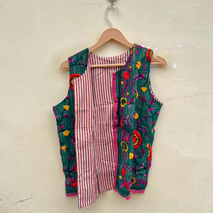 Women's Indian Floral Digital Printed Reversible Cotton Quilted <b>Kantha</b> Autumn Winter Eco-Friendly Breathable Anti-Wrinkle <b>Jacket</b> - Product Image 1