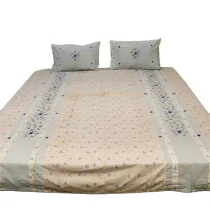 手工印花刺绣作品天蓝色床单，带两个枕套花卉卧室228厘米x 254厘米RSMK-02
