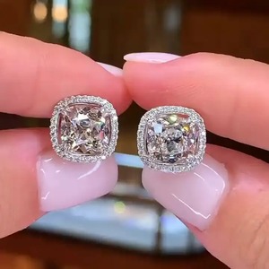 925 Moissanite 2.5 Carat Cushion Cut Sparkle Halo Trendy Women's <b>Stud</b> Earrings Sterling <b>Silver</b> White Gold Plated - Product Image 3