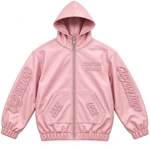 Custom <b>Men's</b> Hooded <b>Faux</b> <b>Leather</b> <b>Jacket</b> with Raised Logo Details Full Zip Urban Fashion Streetwear Apparel - Product Image 2