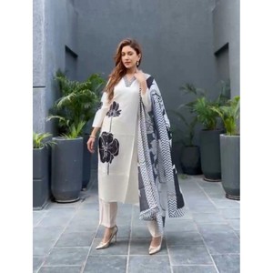 TENDANCE GEORGETTE IMPRIMÉ NUMÉRIQUE HAUT BAS AVEC DUPATTA BLANC - Product Image 1