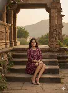 Robe midi en coton imprimé floral bordeaux, tunique d'été pour femme, col en V, style ethnique bohème, vêtement festif artisanal indien, naturel - Product Image 6