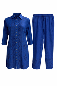 Women's Viscose Embroidered Collar Cord Set Two Pieces Casual Shirt Top and <b>Pants</b> Manufacturer - Product Image 3