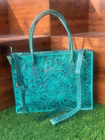 Sac fourre-tout multifonctionnel en cuir de luxe repoussé à la main Sac à main en cuir véritable pour dame Sac à bandoulière floral turquoise