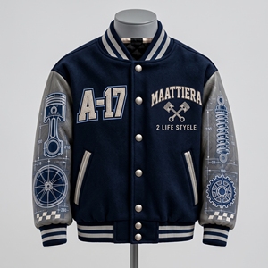 เสื้อแจ็คเก็ตเลตเตอร์แมนสีเทา แขนหนัง แต่งลายกราฟิกมอเตอร์ไซค์ ปักลาย ติดกระดุมหน้า แต่งขอบยางยืด สไตล์สตรีทแวร์สำหรับผู้ชาย - Product Image 6