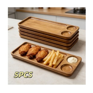 Eco Friendly Rectangular Wooden Food Serving Plate Multi uses Appetizer <b>Tray</b> with 2 Dipping Sauce Slots Stackable <b>Snack</b> <b>Tray</b> - Product Image 4