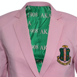 Women's Pink <b>Blazer</b> with Embroidered Crest <b>Gold</b> <b>Buttons</b> Long Sleeve Notched Lapel Fitted Jacket Green Printed Lining Flap Pocket - Product Image 2