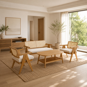 Ensemble de meubles de salon contemporains et modernes en teck massif durable, comprenant une table basse ovale Aris et un fauteuil. - Product Image 4