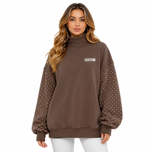 Fournisseur de sweats à capuche pour femmes en coton 100% avec col montant, manches ornées de perles personnalisées et impression de lettres épaisses, vente en gros - Product Image 1