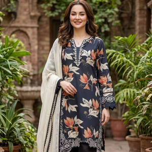 Conjunto de Kurti de Muselina de Diseño con Palazzo de Seda Crepé y Dupatta con Borde de Encaje – Ropa Étnica Festiva y Casual - Product Image 1