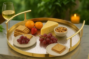 Round Champagne Gold Metal <b>Storage</b> <b>Tray</b> With Hammered Aluminum Surface And Polished Steel Rim For Table Use - Product Image 3