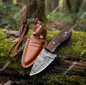 มีดคอเหล็กดามัสกัสตีขึ้นรูปด้วยมือขนาดเล็ก EDC - มีดพกพา/มีดคล้องคอคมกริบ ด้ามไม้พะยูง พร้อมปลอก มีดขายส่งแบบ OEM/ODM - Product Image 5