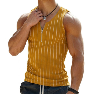 Wholesale Men's Pinstripe Quarter Zip Tank <b>Top</b> Casual Slim Fit Ribbed Muscle Tee Custom Brand Label Sleeveless Workout Tank <b>Tops</b> - Product Image 3