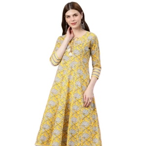 Kurta Anarkali pour femme en coton cambriqué jaune citron à imprimé floral, col en V, manches trois-quarts, style ethnique mondial - Product Image 1