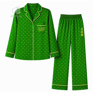 Chi Eta Phi Sorority Women's <b>Green</b> Heart Print Pajama Set Button Front Long Sleeve Notched Collar Contrast Piping Lounge Set PJs - Product Image 1