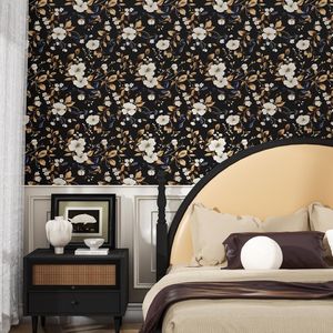 Carta da Parati Adesiva Floreale Scura, Carta Adesiva Vintage con Foglie Dorate, Carta da Parati Nera Floreale Impermeabile Autoadesiva Blu Navy/Foglie Dorate - Product Image 4