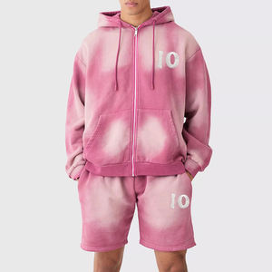 Ensemble de survêtement unisexe rose tie-dye à capuche, manches longues, décontracté, en polaire, avec fermeture éclair, couleur dégradée, logo frontal et short – Vente en gros - Product Image 1